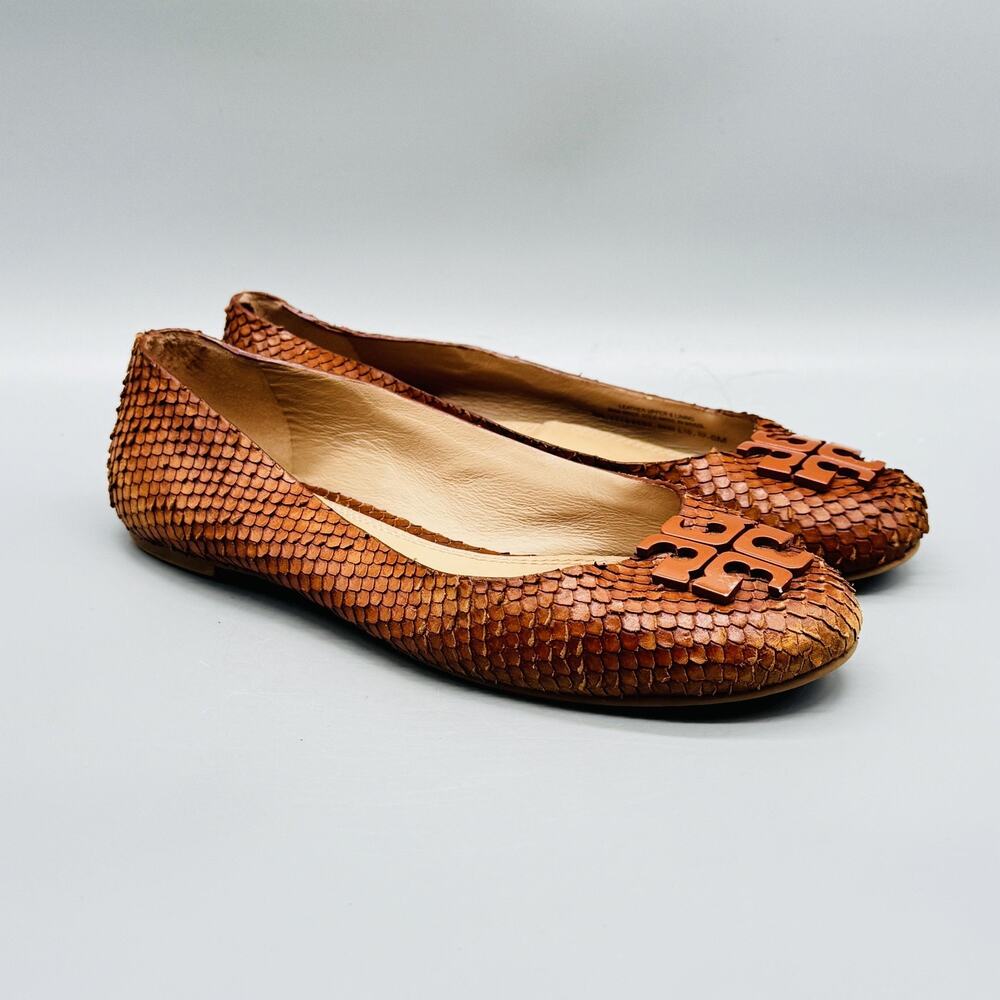 Tory Burch Shoes Womens 6 Brown Leather Snake Embossed Ballet Flats Logo Slip On